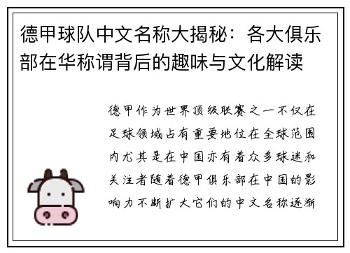 德甲球队中文名称大揭秘：各大俱乐部在华称谓背后的趣味与文化解读